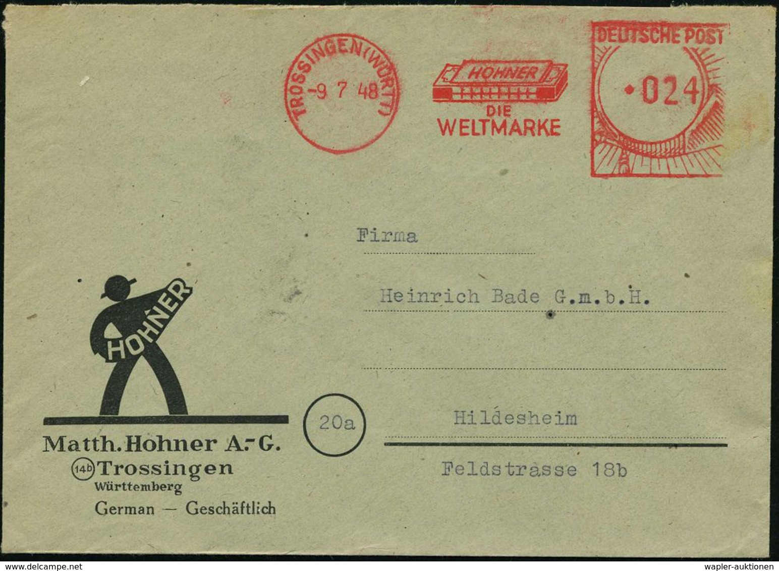 TROSSINGEN (WÜRTT)/ HOHNER/ DIE/ WELTMARKE 1950 (9.7.) AFS, Typ FZ "Gr.Posthorn" = Mundharmonika , Dekorat. Reklame-Bf.: - Musique