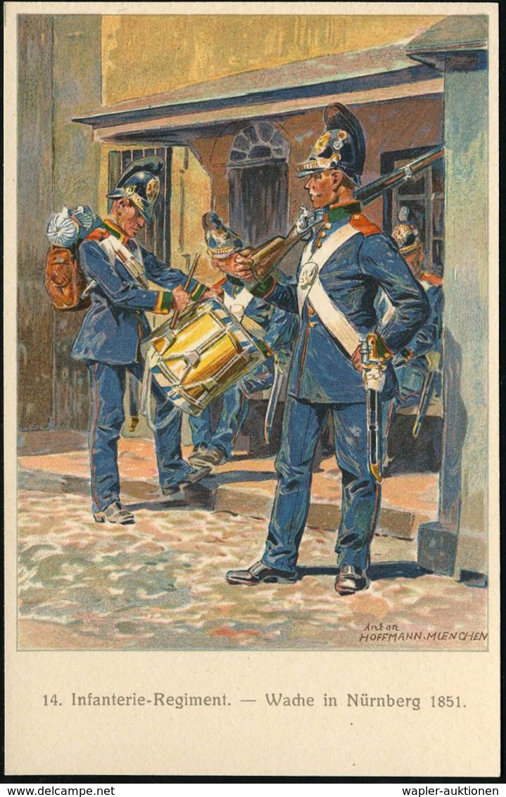 BAYERN 1914 PP 5 Pf. Huppwappen, Grün: 100 Jahrfeier 14. Inf.-Regt. Hartmann = Wache In Nürnberg,  T R O M M L E R  1851 - Musica