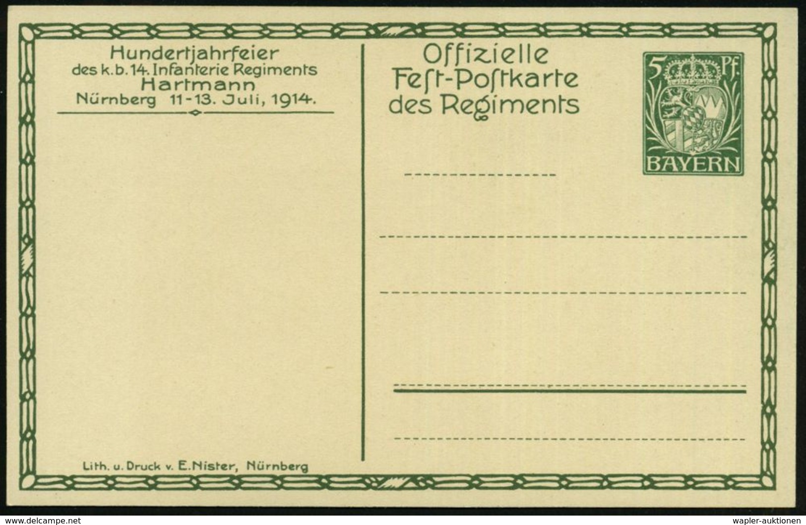 BAYERN 1914 PP 5 Pf. Huppwappen, Grün: 100 Jahrfeier 14. Inf.-Regt. Hartmann = Wache In Nürnberg,  T R O M M L E R  1851 - Muziek