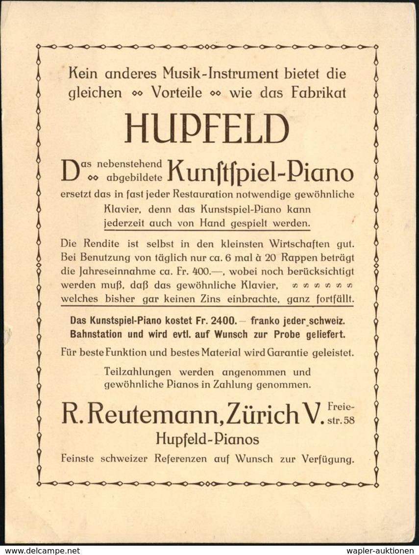 SCHWEIZ 1910 (11.6.) Reklame-PP 2 C. Tellknabe, Oliv: HUPFELD.. Kunstspiel-Piano.. R. Reutemann, Zürich (= Mechanische K - Muziek