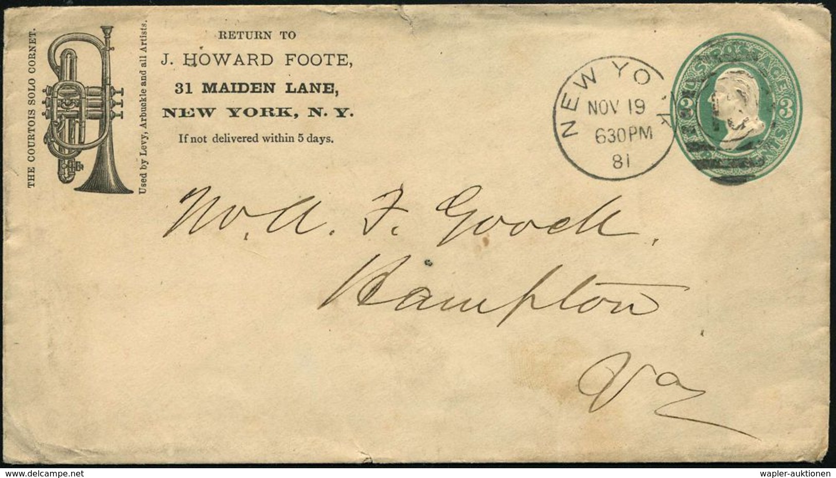 U.S.A. 1881 (19.11.) Reklame-PU 3 C. Washington, Grün: J. HOWARD FOOTE.. NEW YORK The Courtois Solo Cornet (oben Randriß - Musica