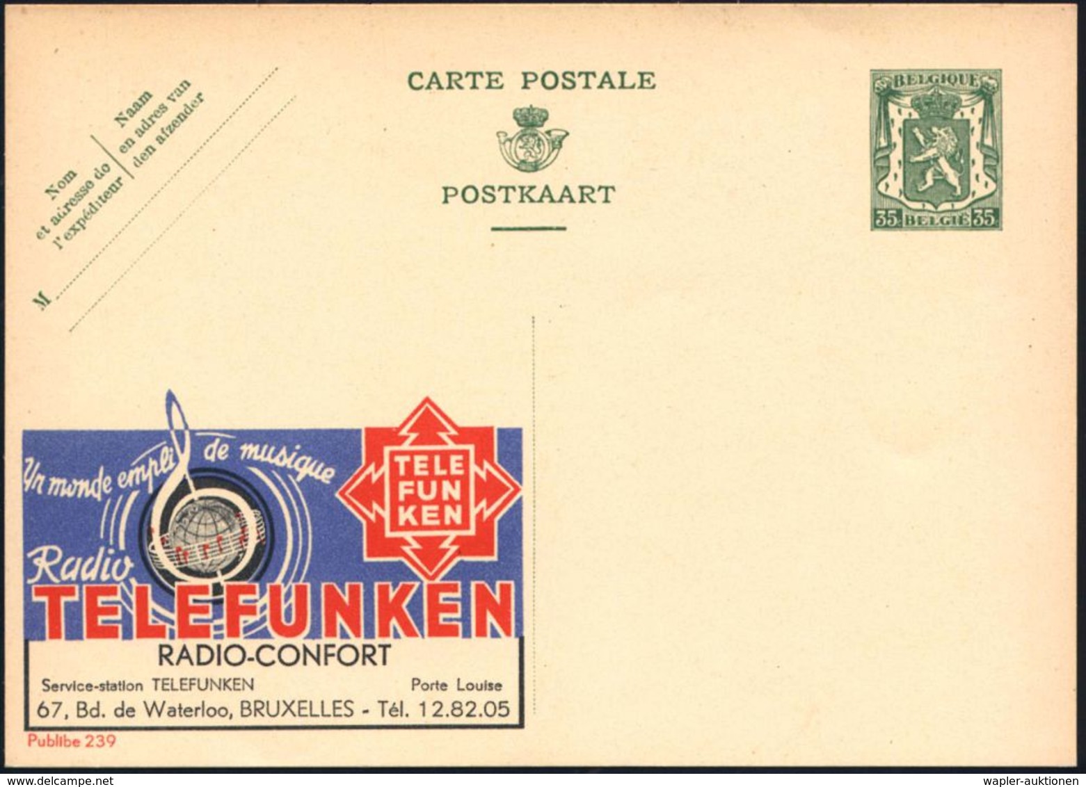 BELGIEN 1935 35 C. Reklame-P Löwe, Grün: Radio TELEFUNKEN/ RADIO-CONFORT..BRUXELLES (Telefunken-Logo, Violinschlüssel, G - Musica