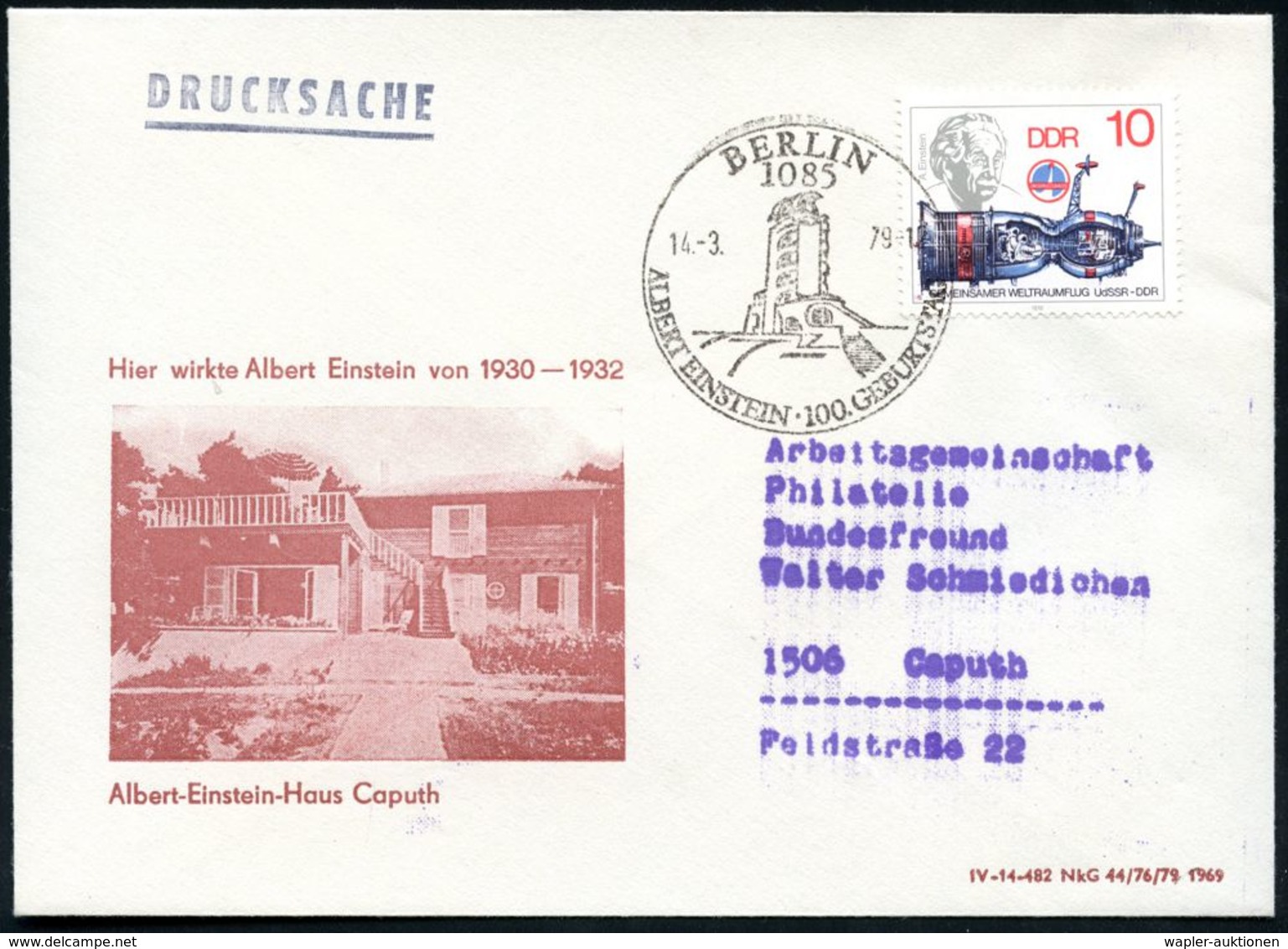 1085 BERLIN/ ALBERT EINSTEIN/ 100.GEBURTSTAG 1979 (14.3.) SSt = Einstein-Turm (= Observatorium) Auf EF 10 Pf. Sojus 31 M - Premio Nobel