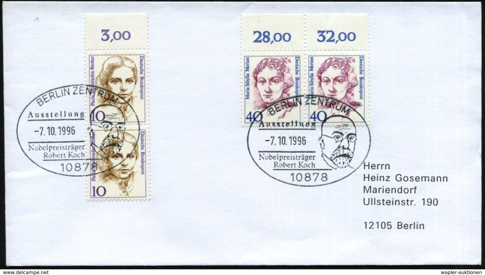 10878 BERLIN ZENTRUM/ Ausstellung/ Nobelpreisträger/ Robert Koch 1996 (7.10.) SSt = Kopfbild Rob. Koch, 2x Klar Gest. Or - Prix Nobel