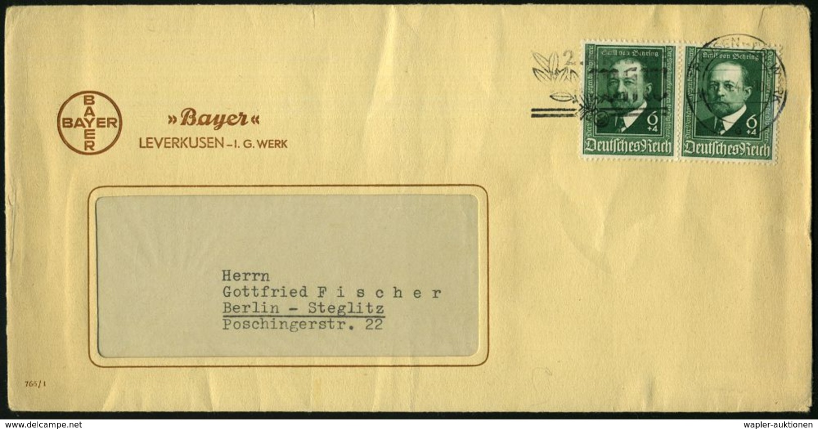 LEVERKUSEN-I.G.WERK/ E/ 2.KRIEGS-/ WHW 1941 (8.4.) Seltener MWSt = Hauspostamt I.G.-Werk Auf 2x 6 + 4 Pf. Emil V. Behrin - Nobel Prize Laureates