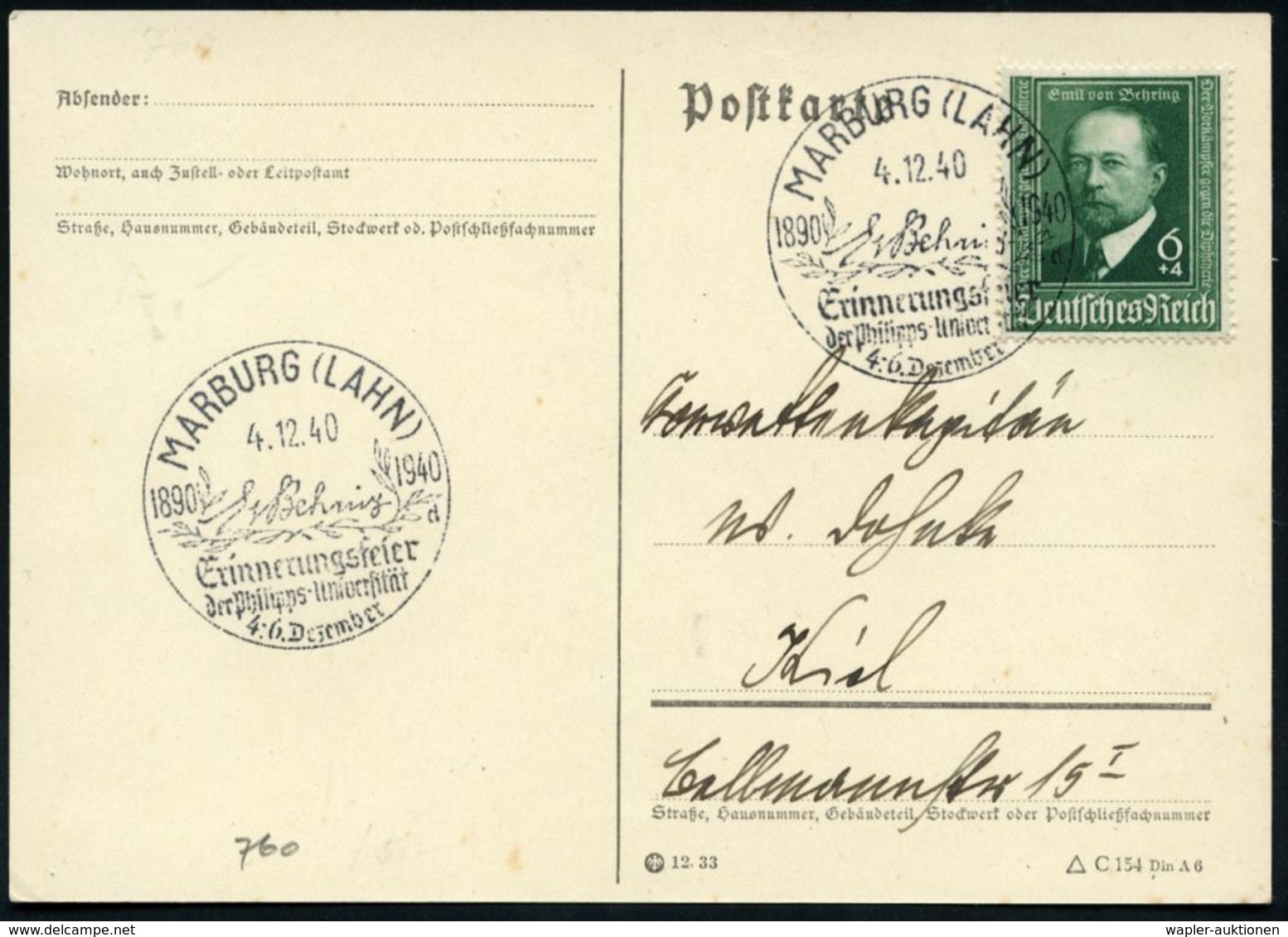 MARBURG (LAHN)/ E V Behrens/ D/ Erinnerungsfeier... 1940 (4.12.) SSt Mit UB "d" Auf EF 6 + 4 Pf. Emil V. Behring = Nobel - Nobelprijs