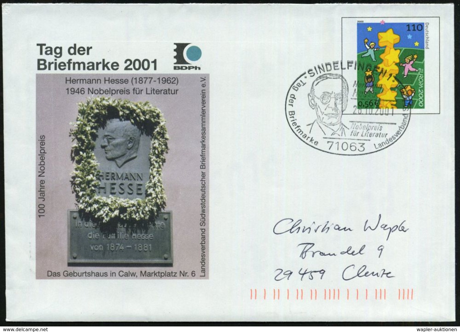 71063 SINDELFINGEN 1/ Herm./ Hesse/ Nobelpreis/ Für Literatur/ Tag D.Briefmarke 2001 (28.10.) SSt = Kopfbild Hesse, Lite - Premio Nobel