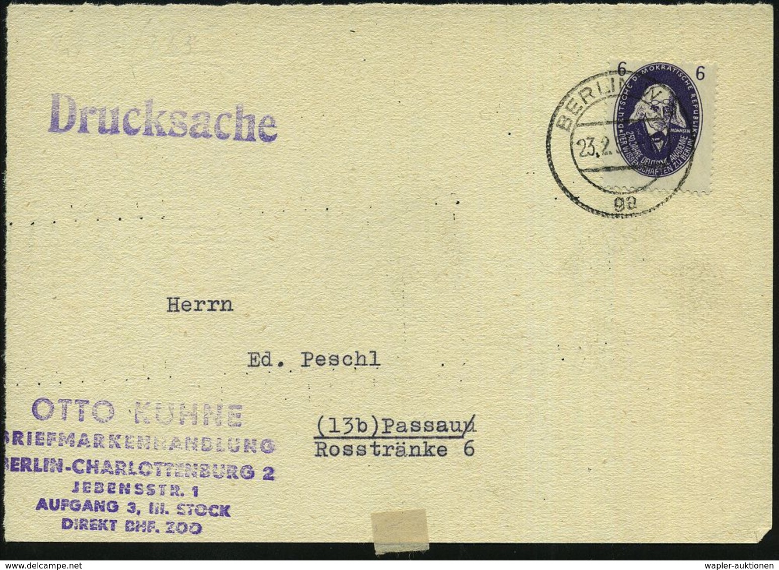 D.D.R. 1951 (23.2.) 6 Pf. Th. Mommsen, EF = Literatur-Nobelpreis 1902 , Klar Gest. Bedarfs-Vorderseite (Mi.263 EF, + 25. - Nobelprijs