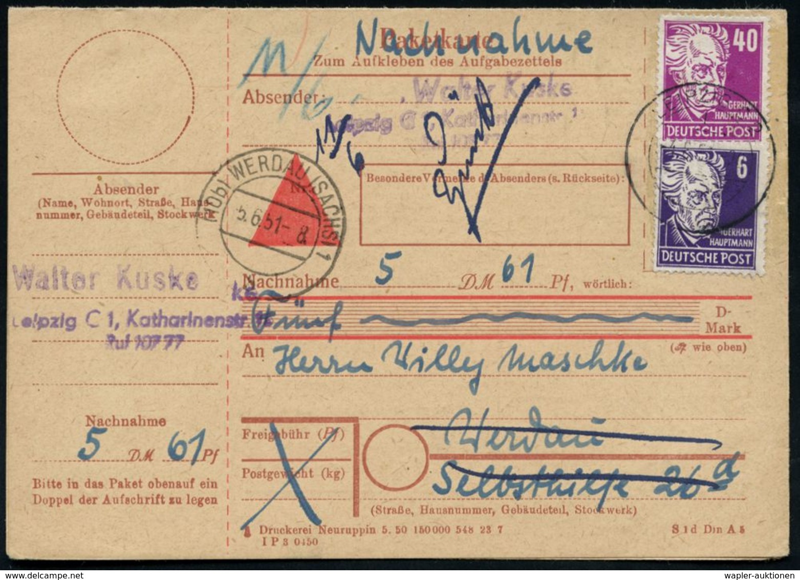 D.D.R. 1951 Gerh. Hauptmann 6 Pf. U. 40 Pf. (Literatur-Nobelpreis 1912) Satz- U. Motivreine Frankatur = 46 Pf.! , Sauber - Nobelpreisträger