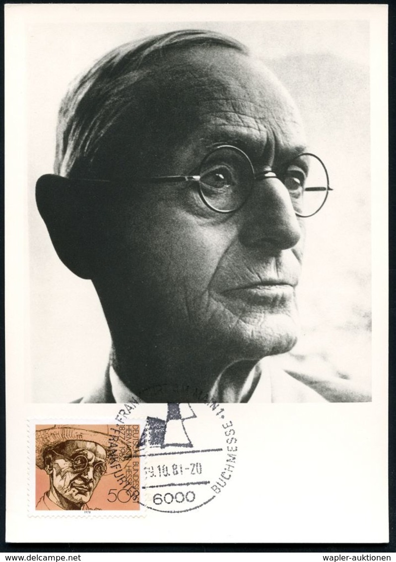 B.R.D. 1981 (19.10.) EF 50 Pf. Hermann Hesse + SSt.: 6000 FRANKFURT AM MAIN 1/.. BUCHMESSE (geöffnetes Buch), Klar Gest. - Premio Nobel