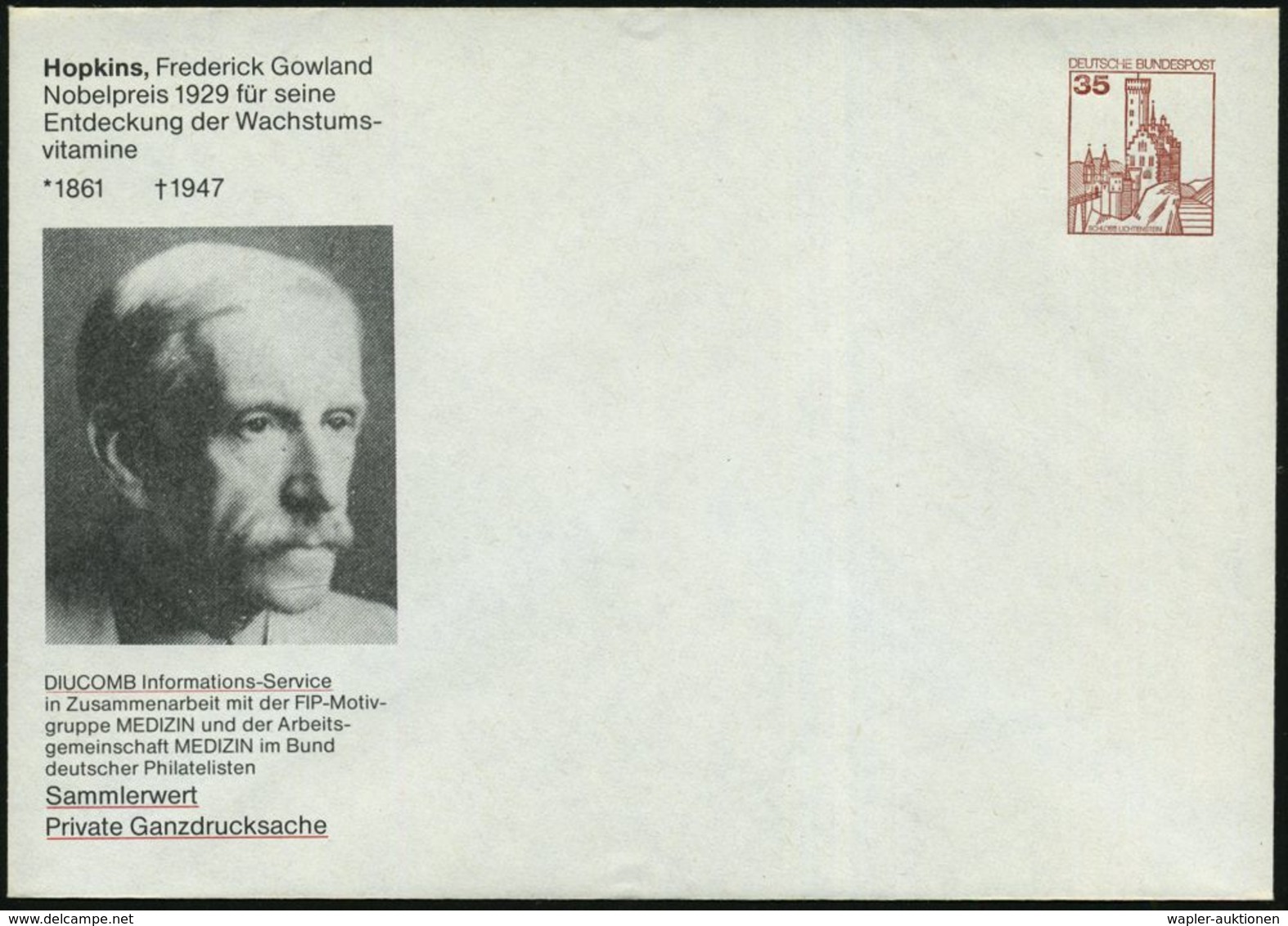 B.R.D. 1982 PU 35 Pf. Burgen: Frederick G.Hopkins, Nobelpreis 1929 Für Wachstumsvitamine (Kopfbild) Ungebr., Ungebr. Sel - Nobelprijs