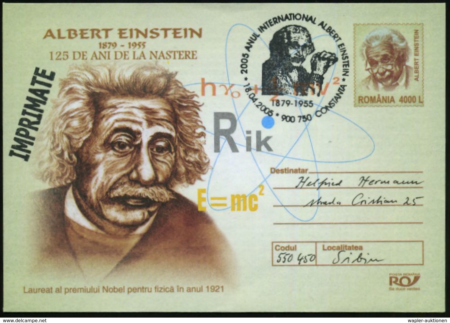 RUMÄNIEN 2005 (18.4.) SSt.: 900 750 CONSTANTA/..ANUL INTERNAT. ALBERT EINSTEIN (Brustbild Alter Einstein) Motivähnl. Son - Nobelprijs