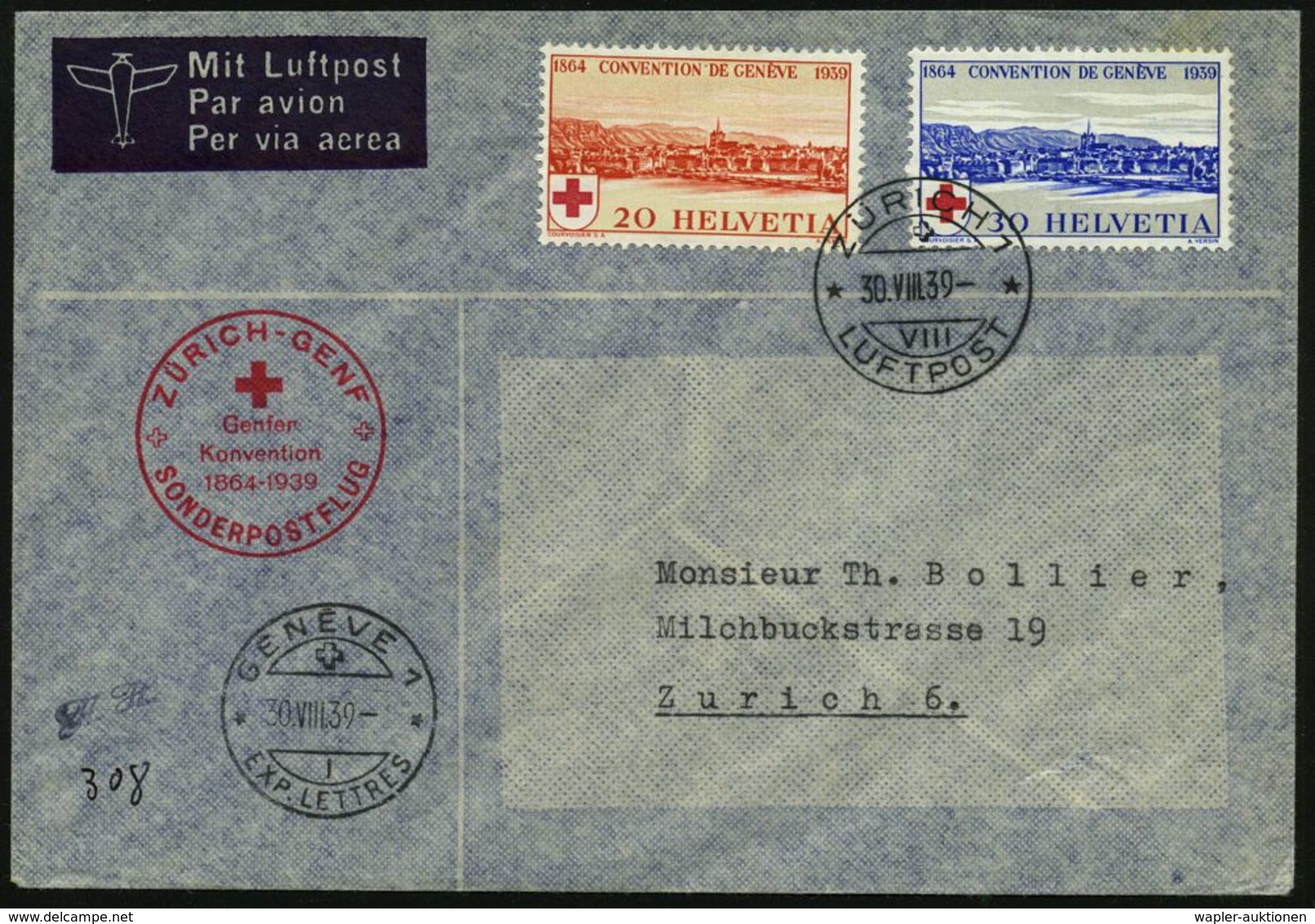 SCHWEIZ 1939 (30.8.) 20 C. U. 30 C. "75 Jahre Internat. Rotes Kreuz", Kompl. Satz (Friedensnobelpreis 1917, 1944, 1963)  - Nobelpreisträger