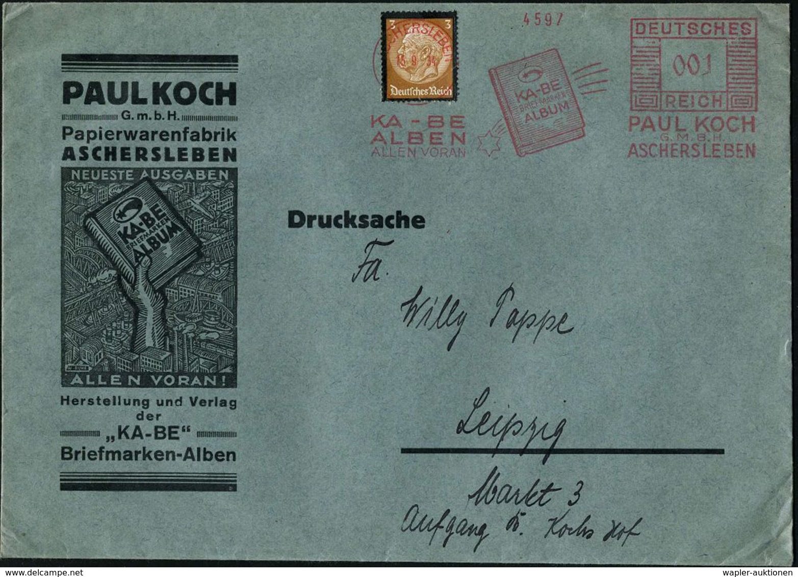 ASCHERSLEBEN/ KA-BE/ ALBEN/ ALLEN VORAN/ ..PAUL KOCH.. 1937 (1.9.) AFS 002 Pf. (Album, Komet) Als Vorausentwertung Auf 1 - Briefmarkenausstellungen