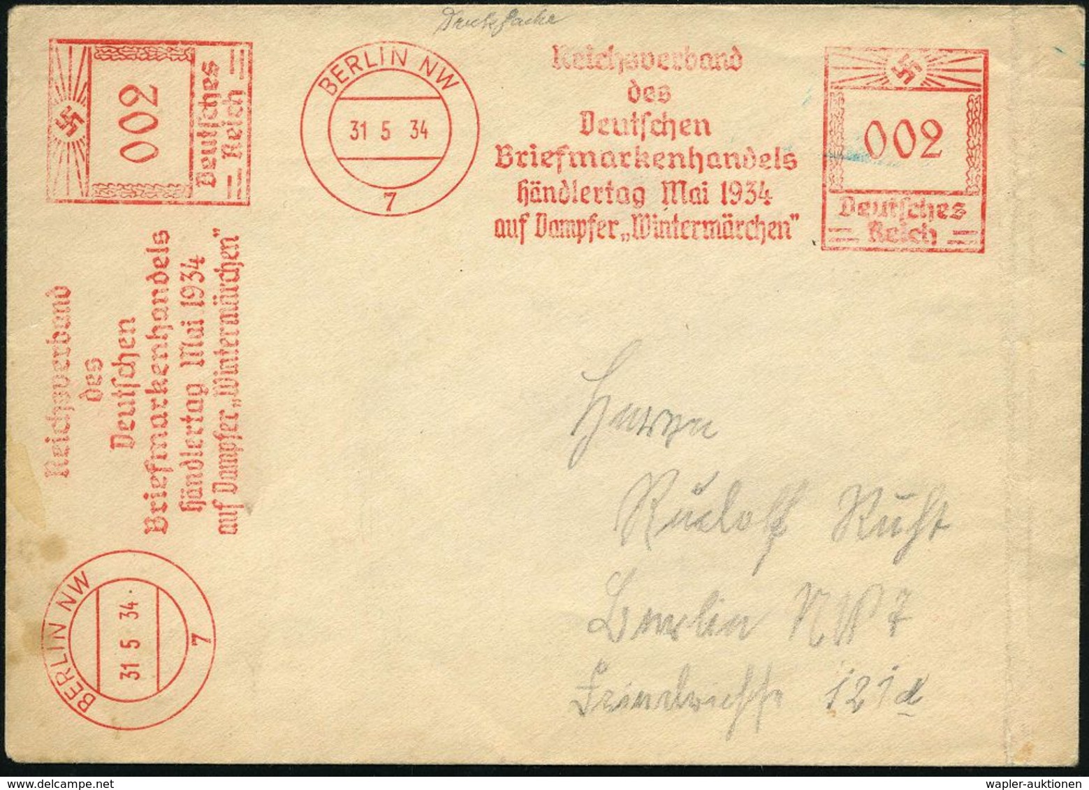 BERLIN NW/ 7/ Reichsverband/ Des/ Deutschen/ Briefmarkenhandels/ Händlertag Mai 1934/ Auf Dampfer "Wintermärchen" 1934 ( - Filatelistische Tentoonstellingen