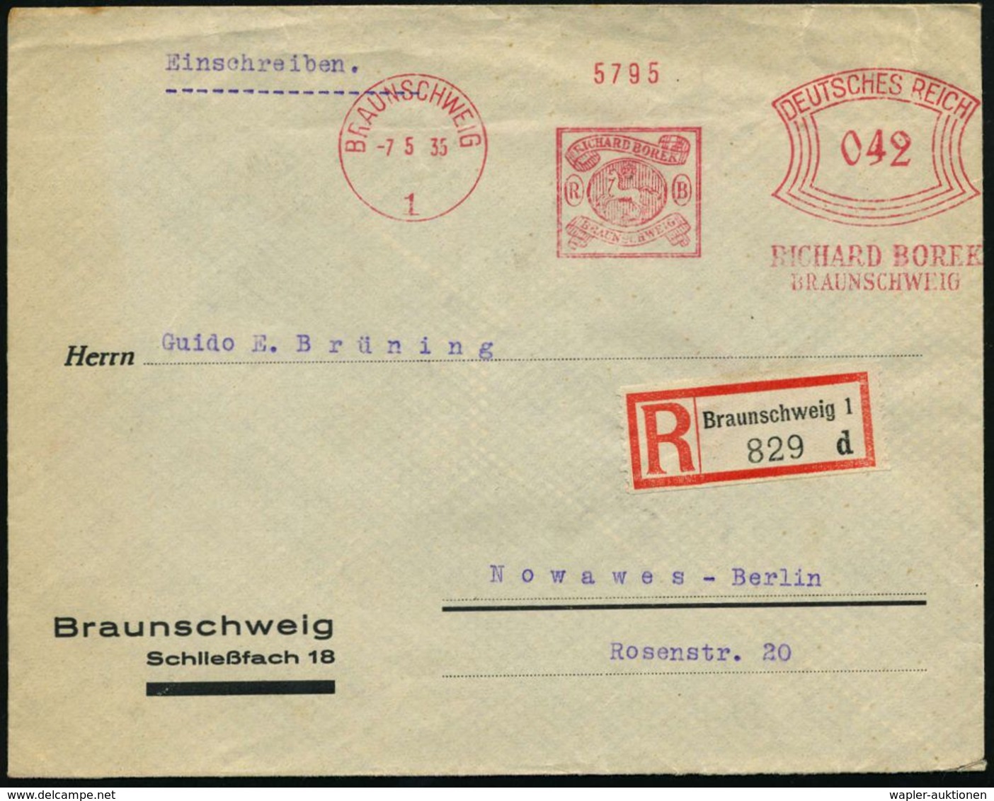 BRAUNSCHWEIG/ 1/ RB/ RICHARD BOREK.. 1935 (7.5.) AFS 042 Pf. = Alt-Braunschweig-Nachbildung + RZ: Braunschweig, Rs. Firm - Esposizioni Filateliche