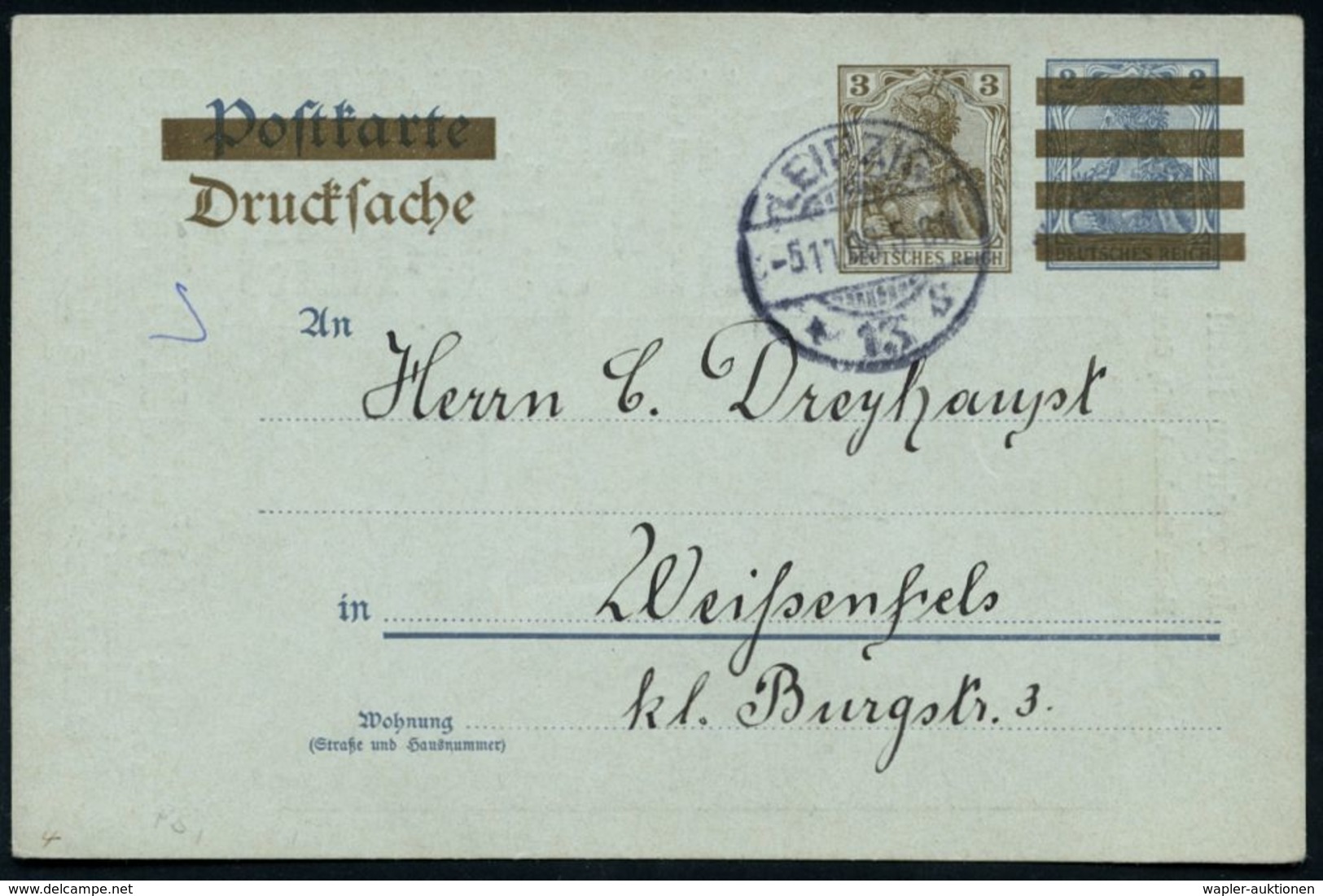 Leipzig 1906 (Nov.) P 3 Pf./2 Pf. Germania + Rs. Reklame-Zudruck: Gebr. Senf's Jllustrierter Postwertzeichen Katalog 190 - Esposizioni Filateliche