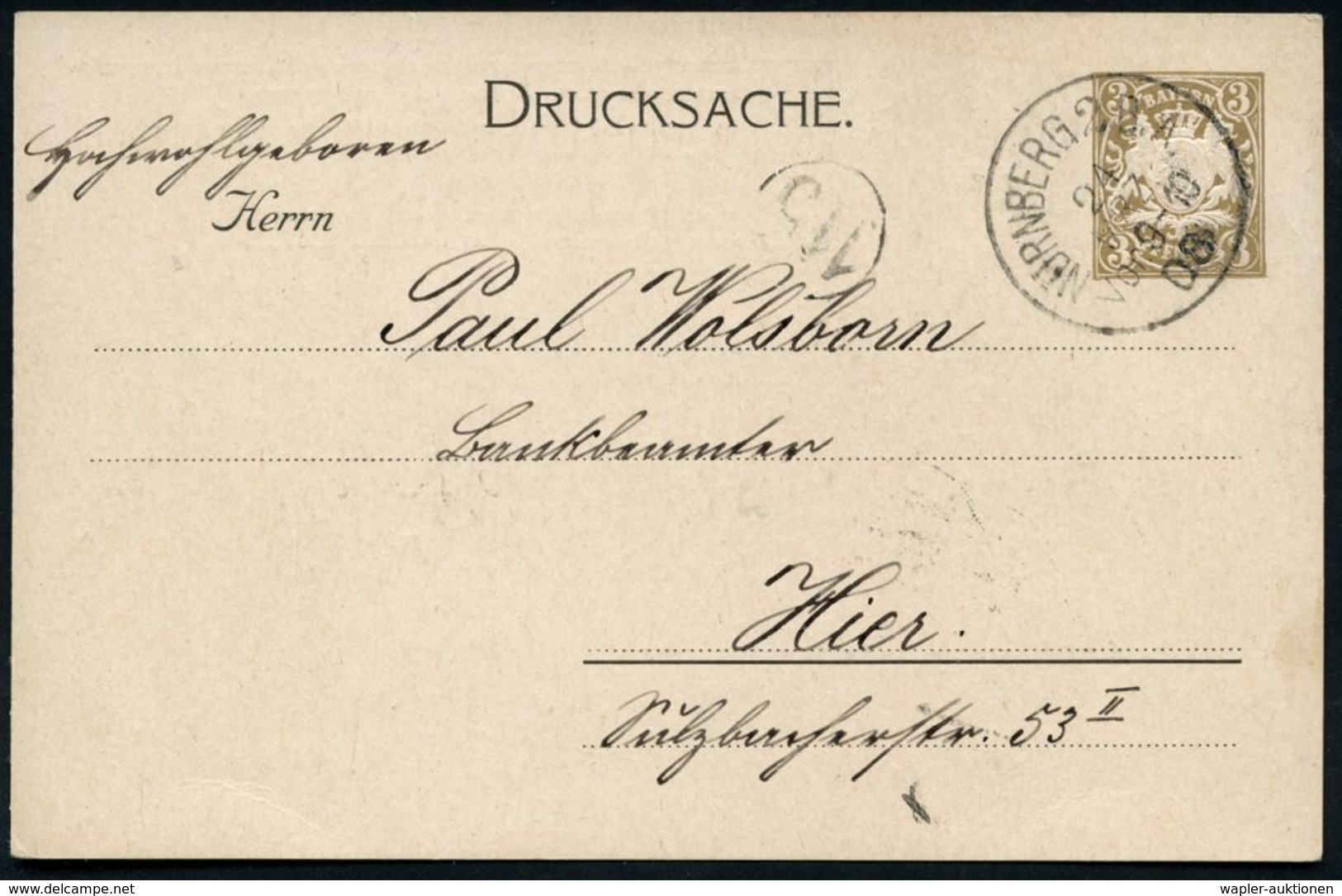 Nürnberg 1908 (24.3.) PP 3 Pf. Wappen Braun: BRIEFMARKEN-SAMLERVEREIN NÜRNBERG/Einladung.. (zur Sitzung) Orts-Karte (Fre - Briefmarkenausstellungen