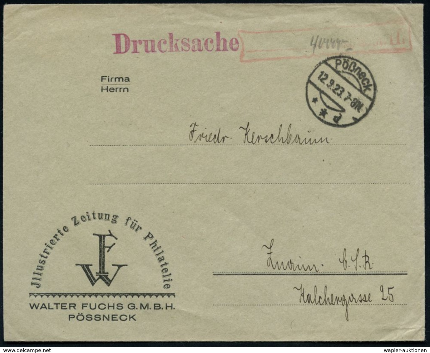 Pößneck/ **d 1923 (Sept.) 1K-Brücke + Ra. Gebühr Bezahlt Mit Hs. Gebühr Auf Vordruck-Bf.: Jllustrierte Zeitung Für Phila - Esposizioni Filateliche