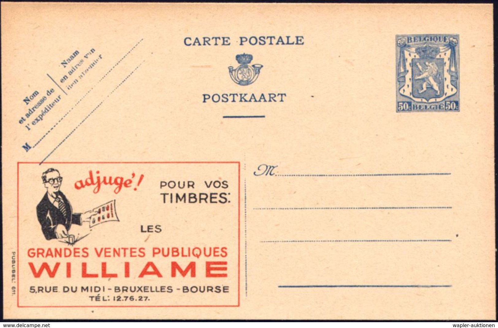 BELGIEN 1941 50 C. Reklame-P Blau: VENTES PUBLIQUES/WILLIAME (Auktionator Mit Hammer U. Albumseite) Ungebr., Selten!  (M - Briefmarkenausstellungen