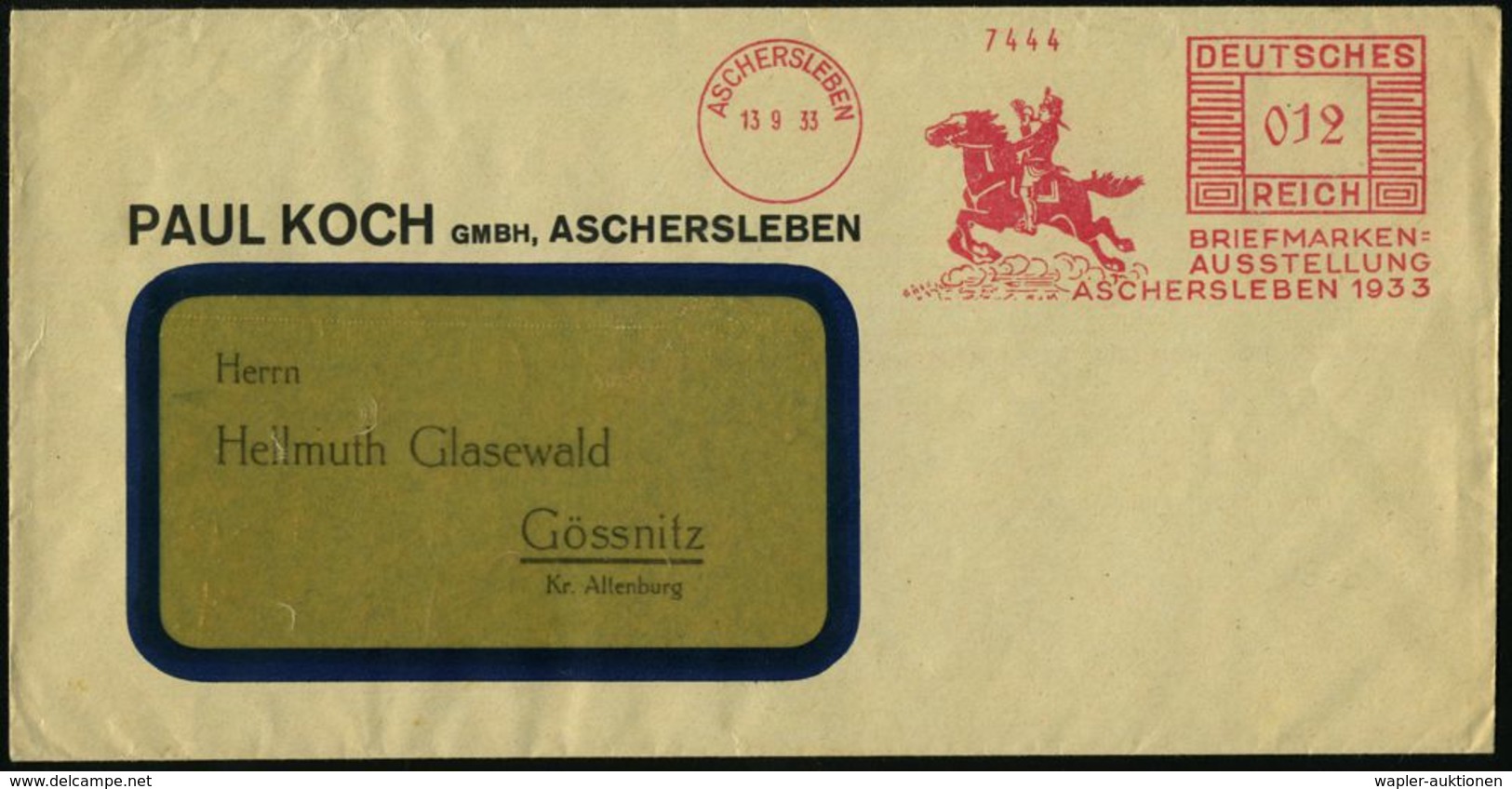 ASCHERSLEBEN/ BRIEFMARKEN-/ AUSSTELLUNG.. 1933 (13.9.) AFS Ohne Stempelzusatz (Postreiter Mit Posthorn) Klar Gest. Firme - Esposizioni Filateliche