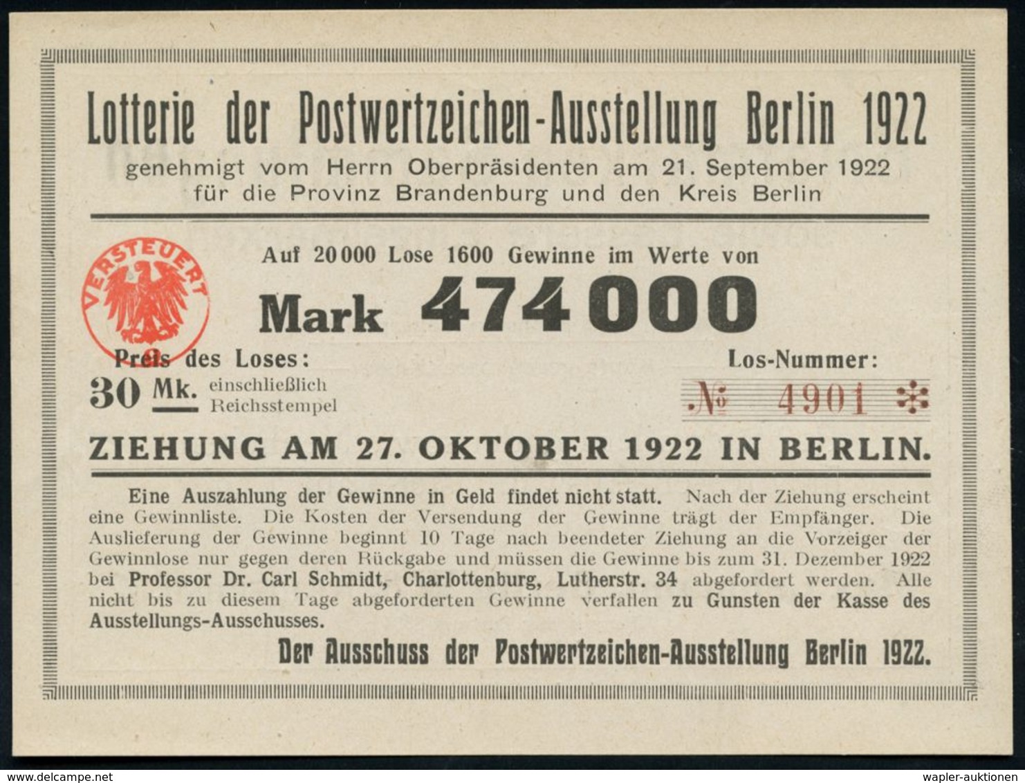 Berlin 1922 (Sept.) Lotterie-Los 30 Mk. "Postwertzeichen-Ausstellung 1922" (rs. Reklame Max Lehmann Phila-Handel) Gute E - Filatelistische Tentoonstellingen