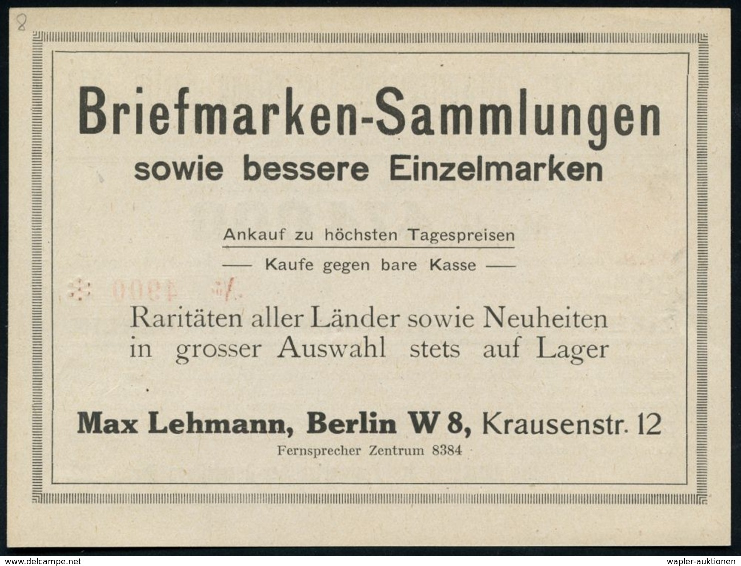 Berlin 1922 (Sept.) Lotterie-Los 30 Mk. "Postwertzeichen-Ausstellung 1922" (rs. Reklame Max Lehmann Phila-Handel) Gute E - Expositions Philatéliques