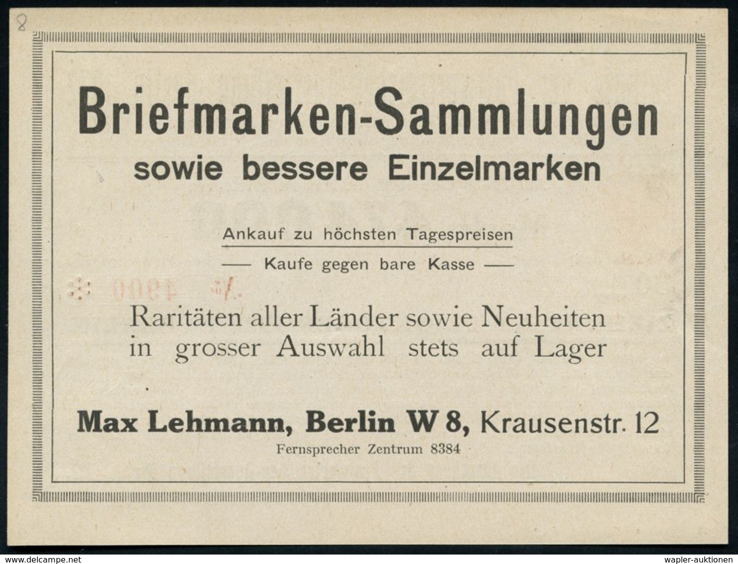 Berlin 1922 (Sept.) Lotterie-Los 30 Mk. "Postwertzeichen-Ausstellung 1922" (rs. Reklame Max Lehmann Phila-Handel) Gute E - Esposizioni Filateliche