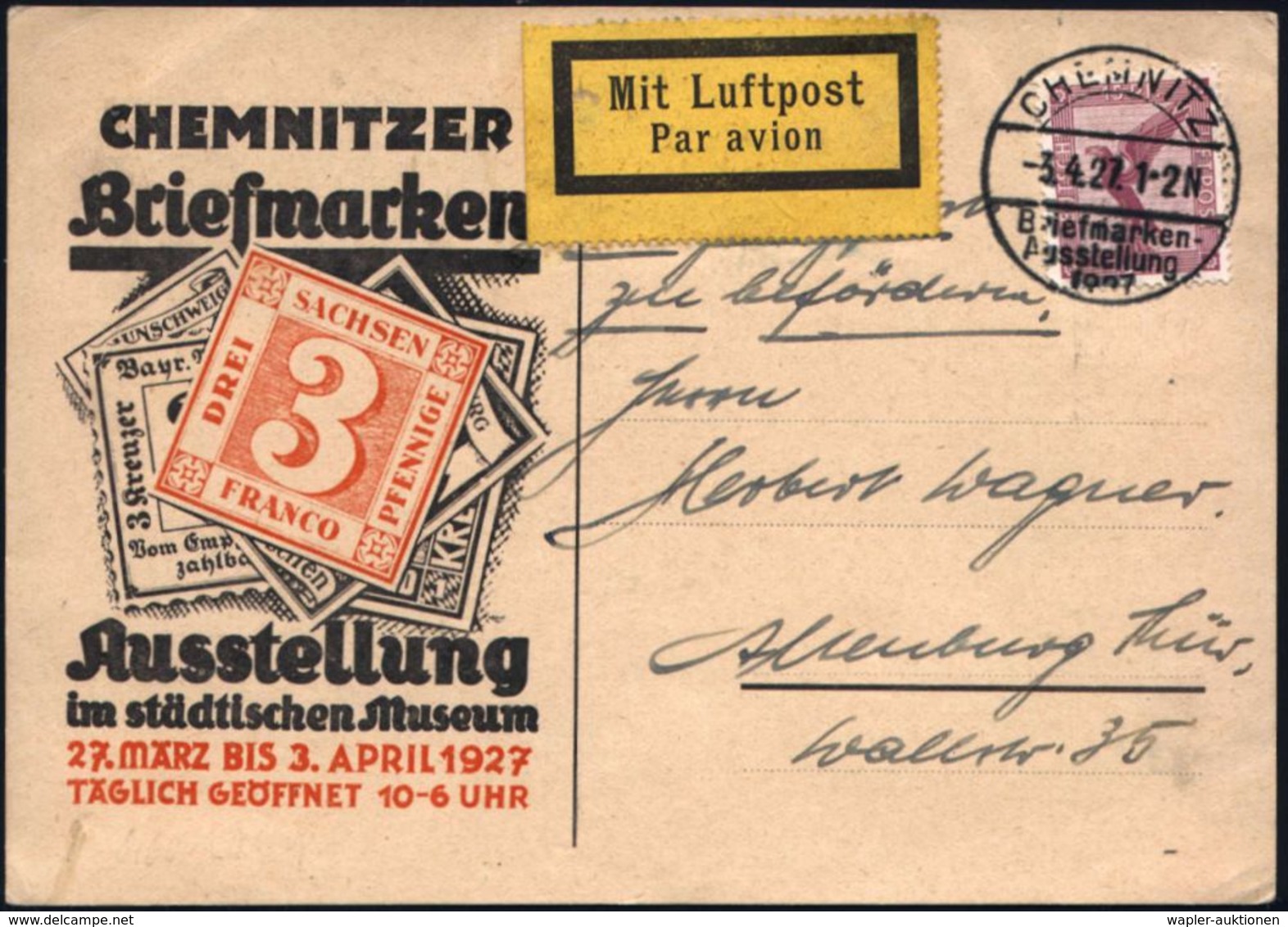 CHEMNITZ/ Briefmarken-/ Ausstellung 1927 (3.4.) Seltener SSt Auf EF 15 Pf. Adler (Mi.A 379 EF) Dekorative, Portorichtige - Expositions Philatéliques