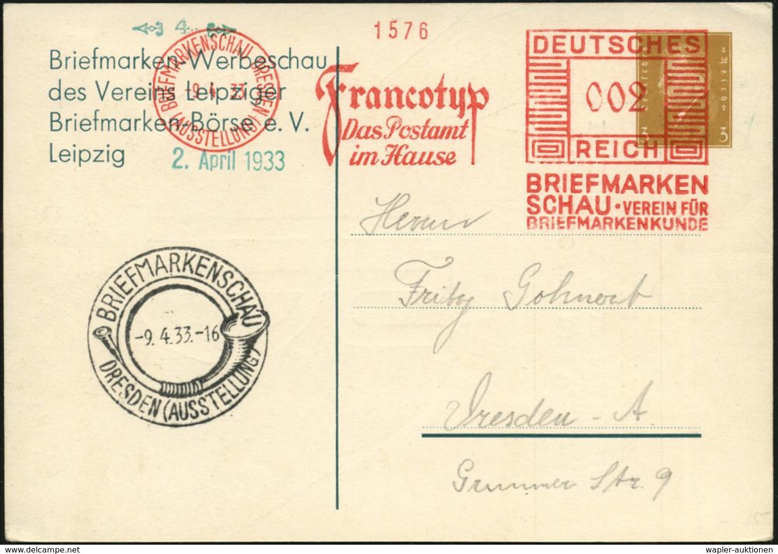 DRESDEN BRIEFMARKENSCHAU/ (AUSSTELLUNG)/ Francotyp/ Das Postamt/ Im Hause.. 1933 (9.4.) AFS 002 Pf. Als VE U. Aufwertung - Filatelistische Tentoonstellingen