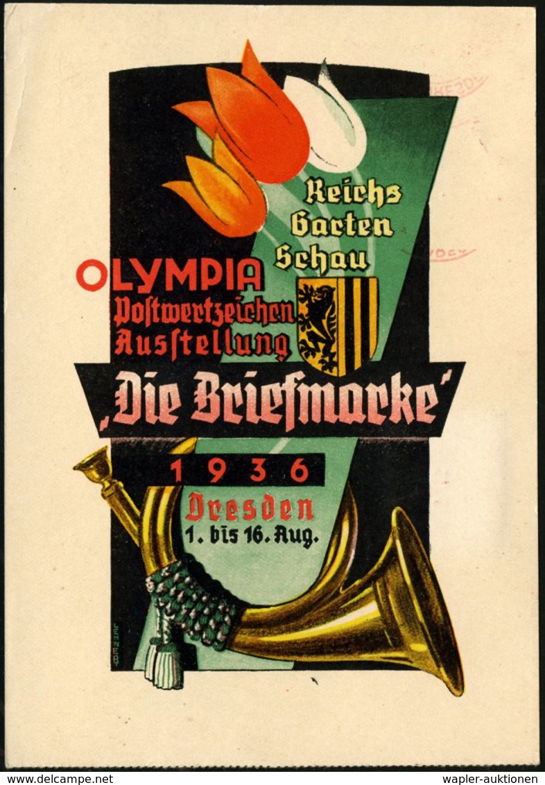 DRESDEN AUSSTELLUNG/ OLYMPIA-POSTWERTZ./ AUSSTELLUNG/ "DIE BRIEF-/ MARKE" 1936 (16.8.) AFS 000 Vom Schlußtag Olympiade A - Expositions Philatéliques