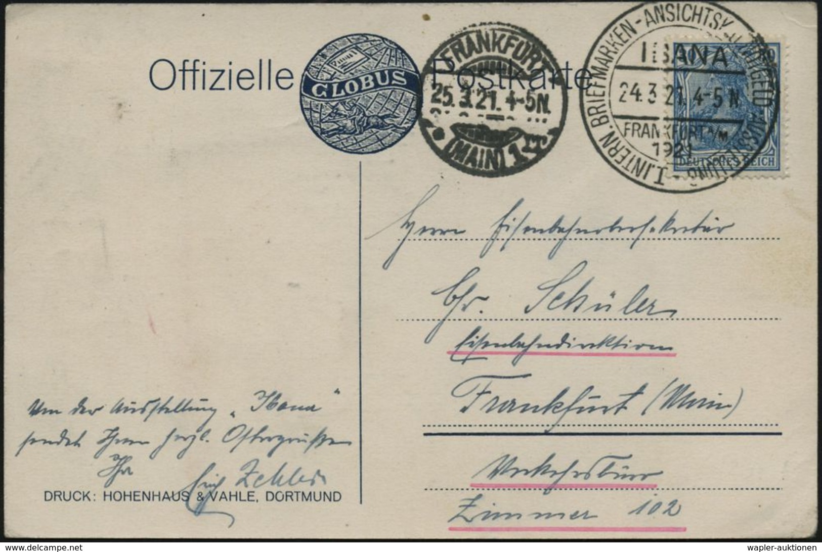 FRANKFURTA-M/ IBANA/ I.INTERN.BRIEFMARKEN-ANSICHTSK.u.NOTGELD-AUSSTELLUNG 1921 (24.3.) Seltener SSt Klar Auf Color-Sonde - Filatelistische Tentoonstellingen