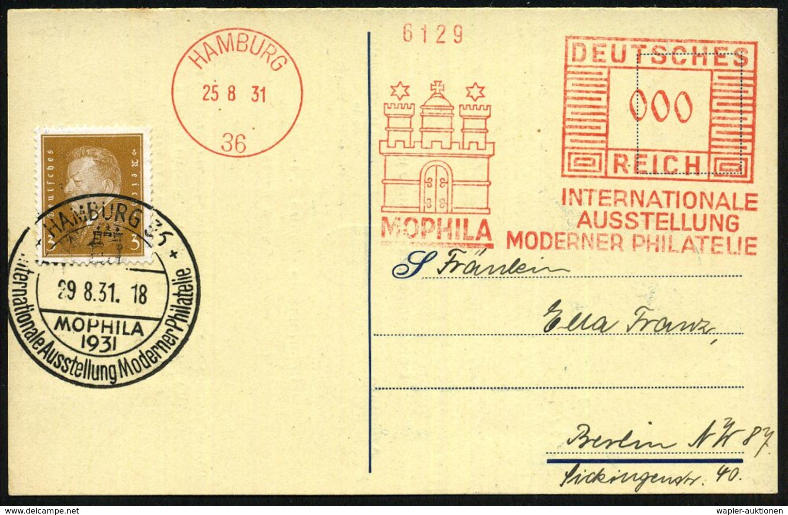 HAMBURG/ 36/ MOPHILA/ INT./ AUSSTELLUNG/ MODERNER PHILATELIE 1931 (29.8.) AFS 000 Pf. + SSt.: HAMBURG 36/MOPHILA.. (Bo.4 - Expositions Philatéliques