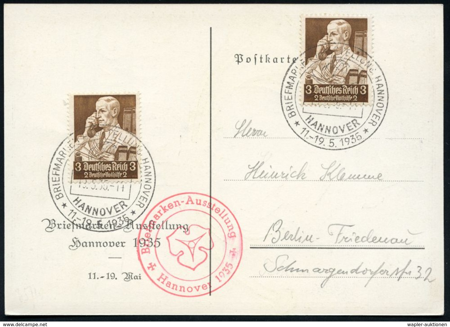 HANNOVER/ BRIEFMARKEN AUSSTELLUNG 1935 (19.5.) SSt (Posthorn, Globus) + Roter HdN: Briefm.-Ausstellung (Stadtwappen) 2x  - Filatelistische Tentoonstellingen