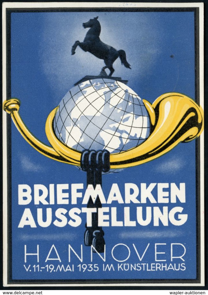 HANNOVER/ BRIEFMARKEN AUSSTELLUNG 1935 (19.5.) SSt (Posthorn, Globus) + Roter HdN: Briefm.-Ausstellung (Stadtwappen) 2x  - Filatelistische Tentoonstellingen