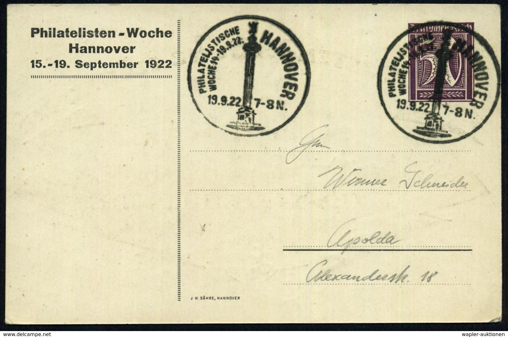 HANNOVER/ PHILATEL./ WOCHE 1922 (19.9.) SSt = Waterloo-Säule Auf PP 50 Pf. Ziffer Viol.: Philatel.-Woche: Stadtsilhouett - Exposiciones Filatélicas