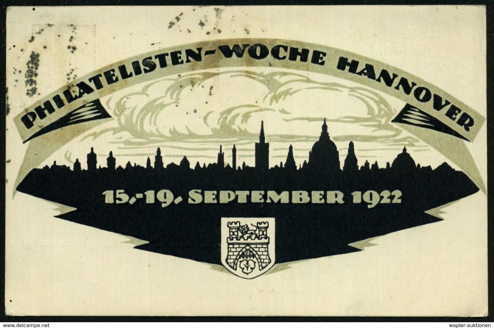 HANNOVER/ PHILATEL./ WOCHE 1922 (19.9.) SSt = Waterloo-Säule Auf PP 50 Pf. Ziffer Viol.: Philatel.-Woche: Stadtsilhouett - Esposizioni Filateliche