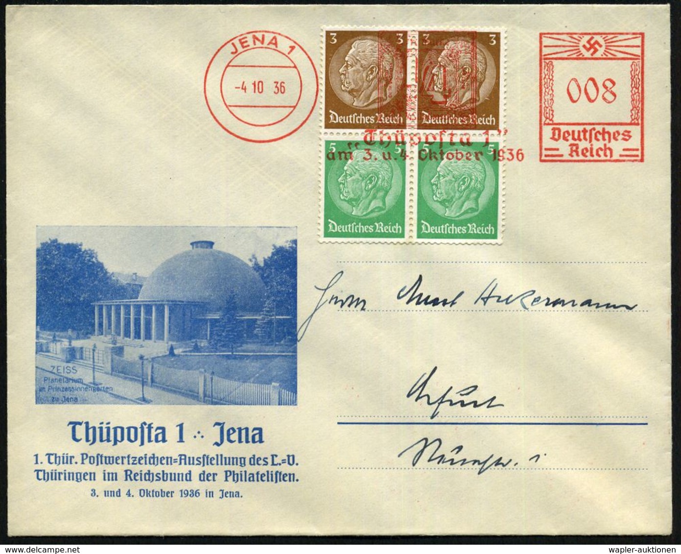 JENA 1/ "Thüposta 1"/ Am 3.u.4.Okt. 1936 (4.10.) AFS 008 Pf. Als Vorausentwertung (= Thurn & Taxis-Marke 1/4 Sgr.) Klar  - Expositions Philatéliques