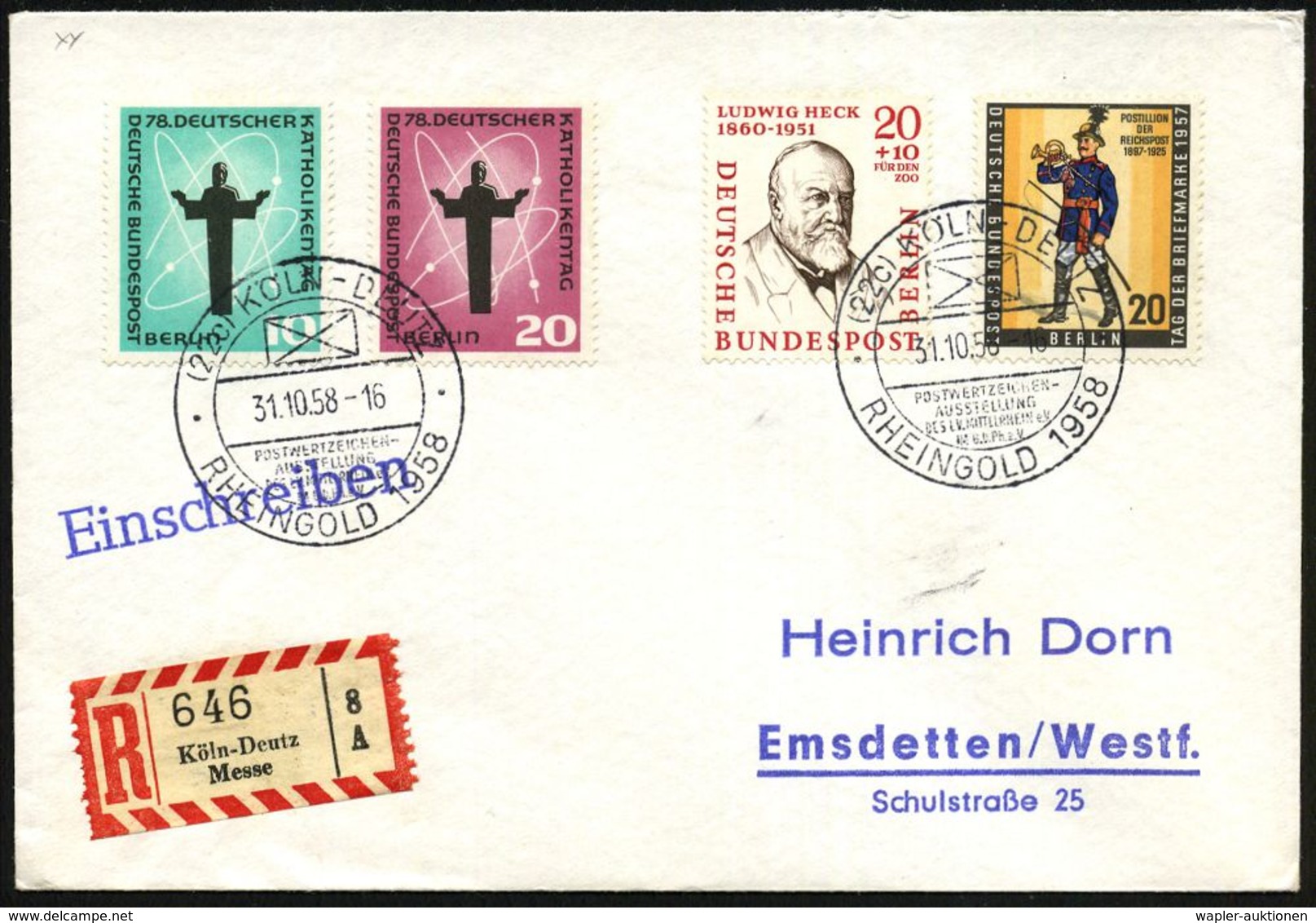 (22c) KÖLN-DEUTZ/ POSTWERTZEICHEN-/ AUSSTELLUNG/ ..R H E I N G O L D 1958 (31.10.) SSt 2x Klar Gest. + Sonder-RZ: Köln-D - Esposizioni Filateliche