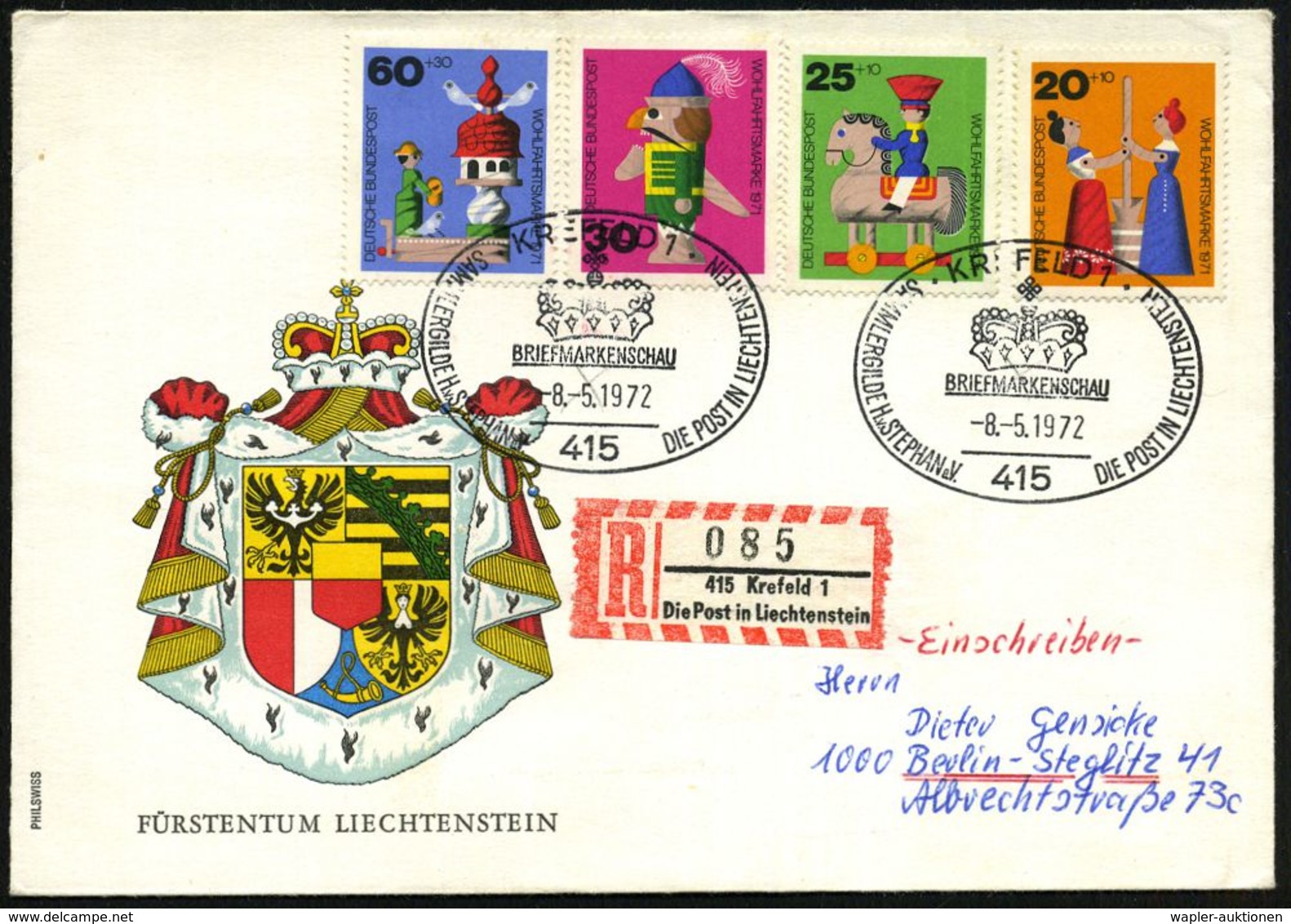 415 KREFLED 1/ SAMMLERGILDE H.v.STEPHAN/ DIE POST IN LIECHTENSTEIN.. 1972 (Mai) SSt = Krone 2x + Sonder-RZ: 415 Krefeld  - Philatelic Exhibitions