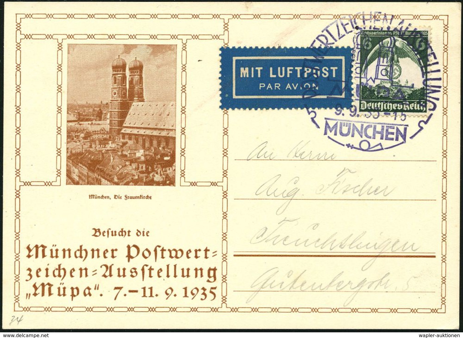 MÜNCHEN/ POSTWERTZEICHENAUSSTELLUNG/ "MÜPA" 1935 (9.9.) Violetter SSt = Türme Der Frauenkirche Auf Motiv-ähnl. Sonder-Kt - Filatelistische Tentoonstellingen