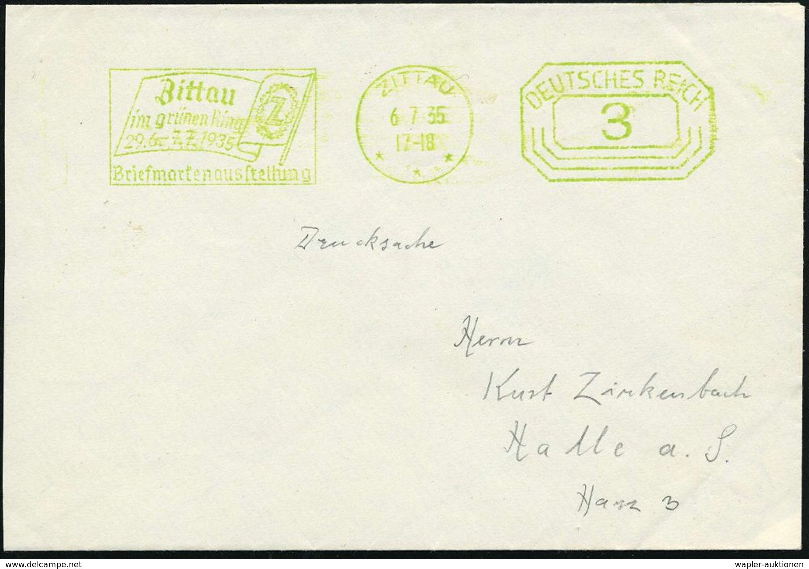 ZITTAU/ ***/ ..im Grünen Ring/ 29.6.-7.7.1935/ Briefmarkenausstellung 1935 (6.7.) Sehr Seltener,  G R ü N E R  PFS 3 Pf. - Expositions Philatéliques