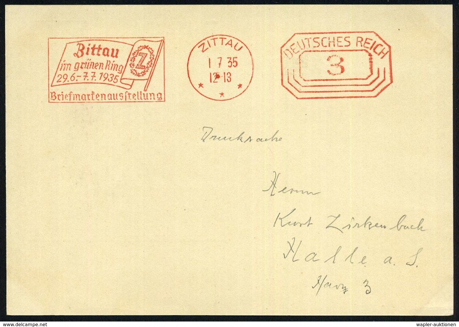 ZITTAU/ ***/ Zittau/ Im Grünen Ring/ 29.6.-7.7.1935/ Briefmarkenausstellung 1935 (1.7.) Seltener PFS 3 Pf. Achteck In Ro - Expositions Philatéliques