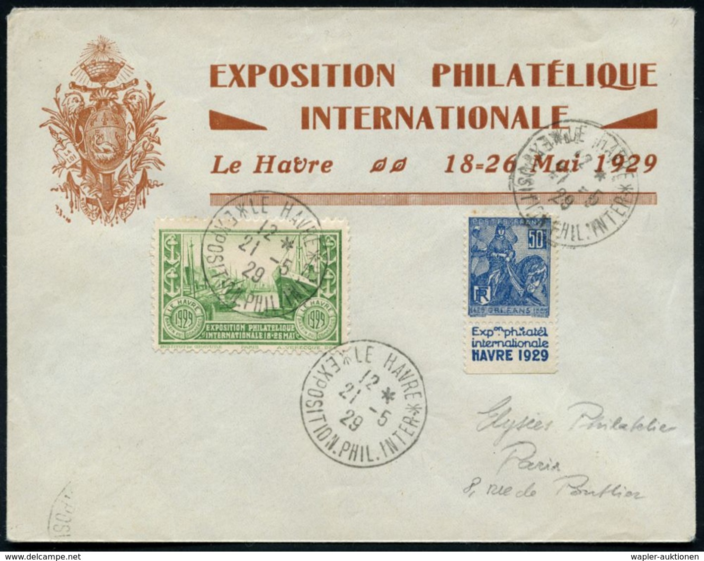 FRANKREICH 1929 (21.5.) SSt.: LE HAVRE/EXPOSITION PHIL. INTER. Auf EF 50 C. "Jeanne D'Arc" + Reklamefeld: Expo. Philatél - Filatelistische Tentoonstellingen
