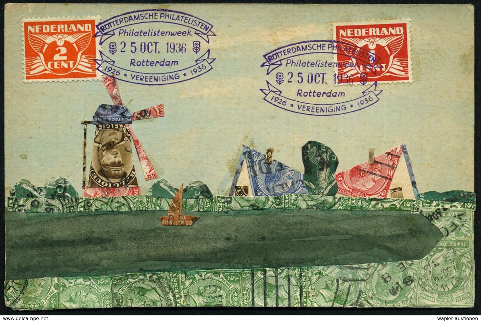 NIEDERLANDE 1936 (25.10.) Viol. SSt.: Rotterdam/Philatelistenweek.. (2 Blumen) 2x Auf Briefmarken-Collage-Ak.: Windmühle - Filatelistische Tentoonstellingen