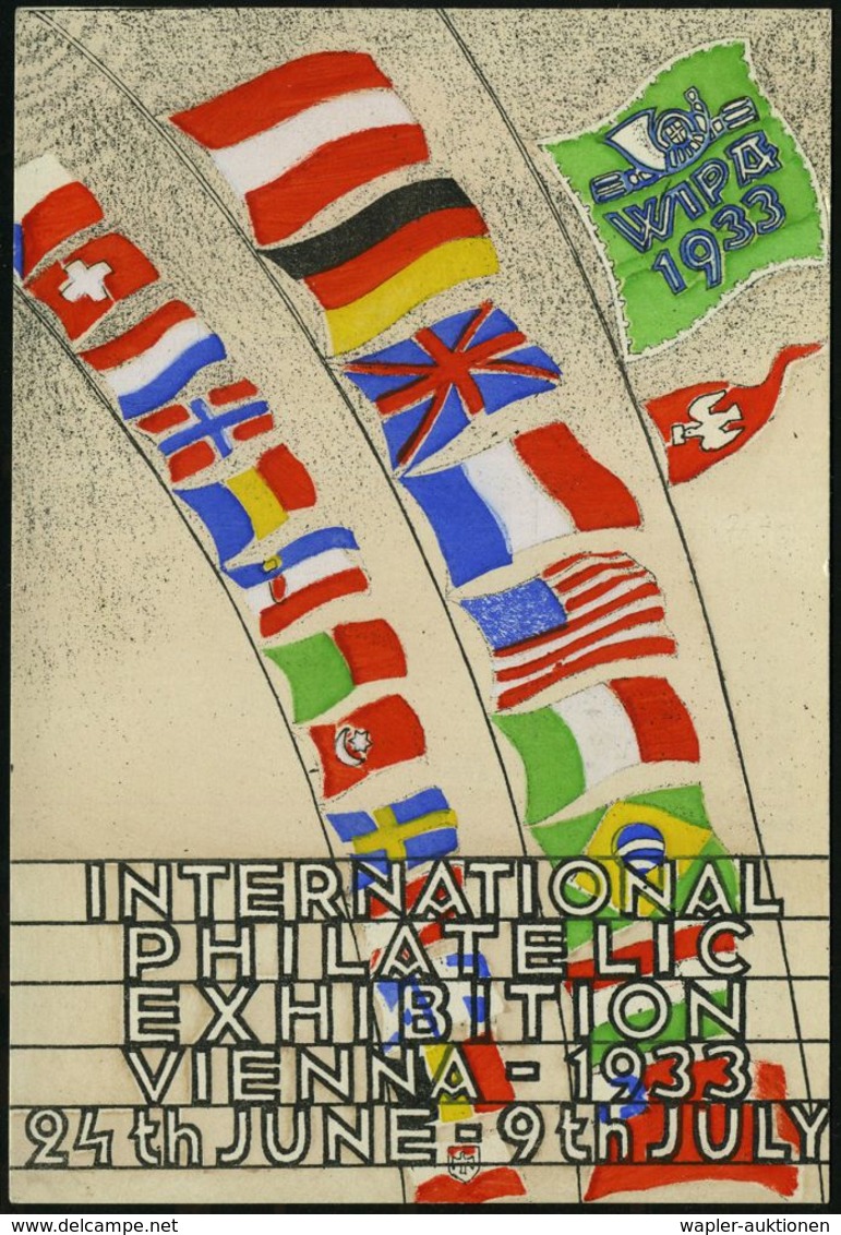 ÖSTERREICH 1933 (Juni) PP 10 Gr. Ussing, Braun: WIPA/INTERNAT./PHILAT./EXHIBITION = Europ. Flaggen, Deutsche Flagge Noch - Expositions Philatéliques