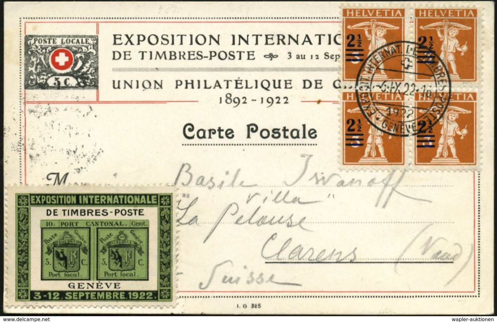 SCHWEIZ 1922 (6.9.) SSt: GENEVE/EXPOS. INTERNAT. DE TIMBRES-POSTE + Ausst.-Vignette: Cantonal Doppel-Genf , Klar Gest. I - Esposizioni Filateliche