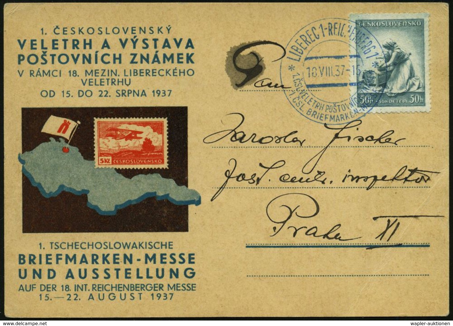 TSCHECHOSLOWAKEI 1937 (18.8.) Blauer SSt.: LIBEREC 1- REICHENBERG 1/..1.CSL. BRIEFMARKEN-MESSE (zwei-sprachig) Auf Dekor - Philatelic Exhibitions