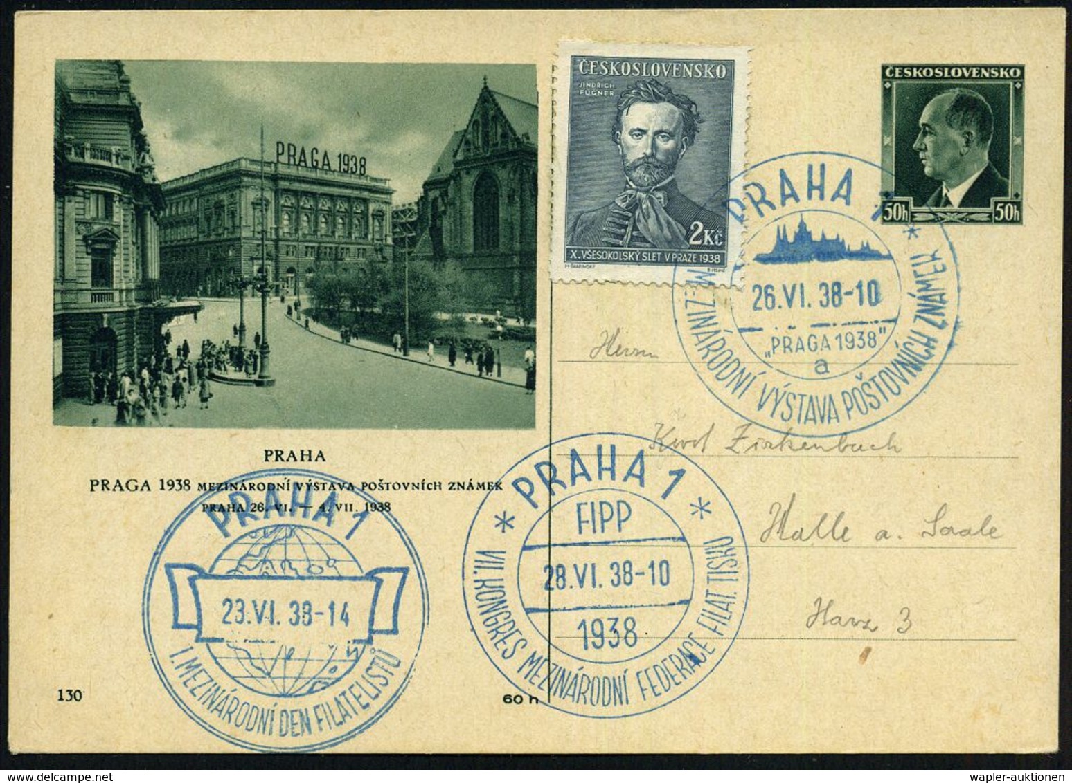 TSCHECHESLOWAKEI 1938 (Juni) 50 H. BiP Benesch, Grün: PRAHA/PRAGA 1938 + 3 Verschiedene Blaue SSt.: PRAHA 1/"PRAGA 1938" - Esposizioni Filateliche