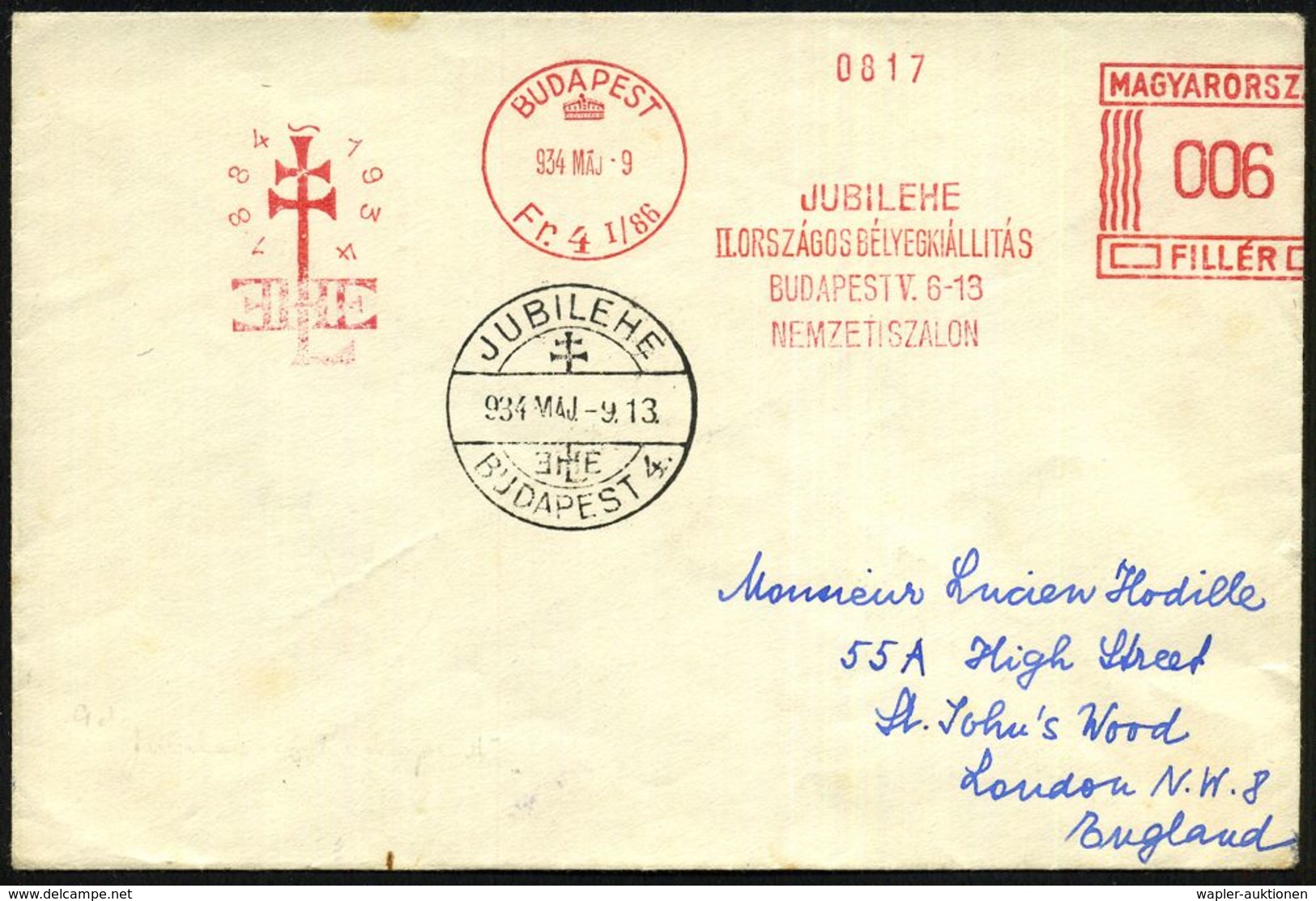 UNGARN 1934 (9.5.) AFS: BUDAPEST/Fr.4 I/86/JUBILEHE/II. ORSZAGOS BELYEGKIALLITAS/BUDAPEST V. 6-13/ NEMEZETISZALON/ 1884  - Briefmarkenausstellungen